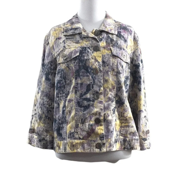 Chico's‎ Purple Yellow Abstract Jacket Womens 1 Medium 8 Linen Cotton 3/4 Sleeve - Picture 1 of 11